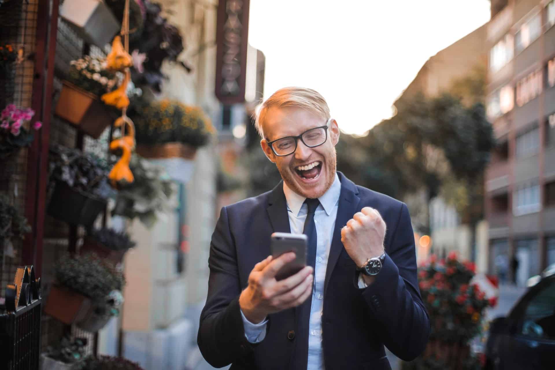 Businessman celebrates good news