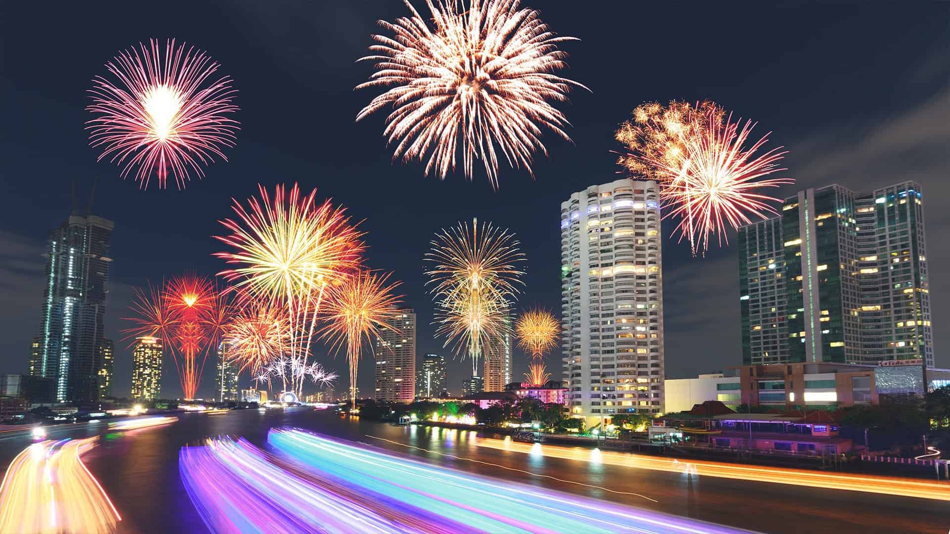 Fireworks over city