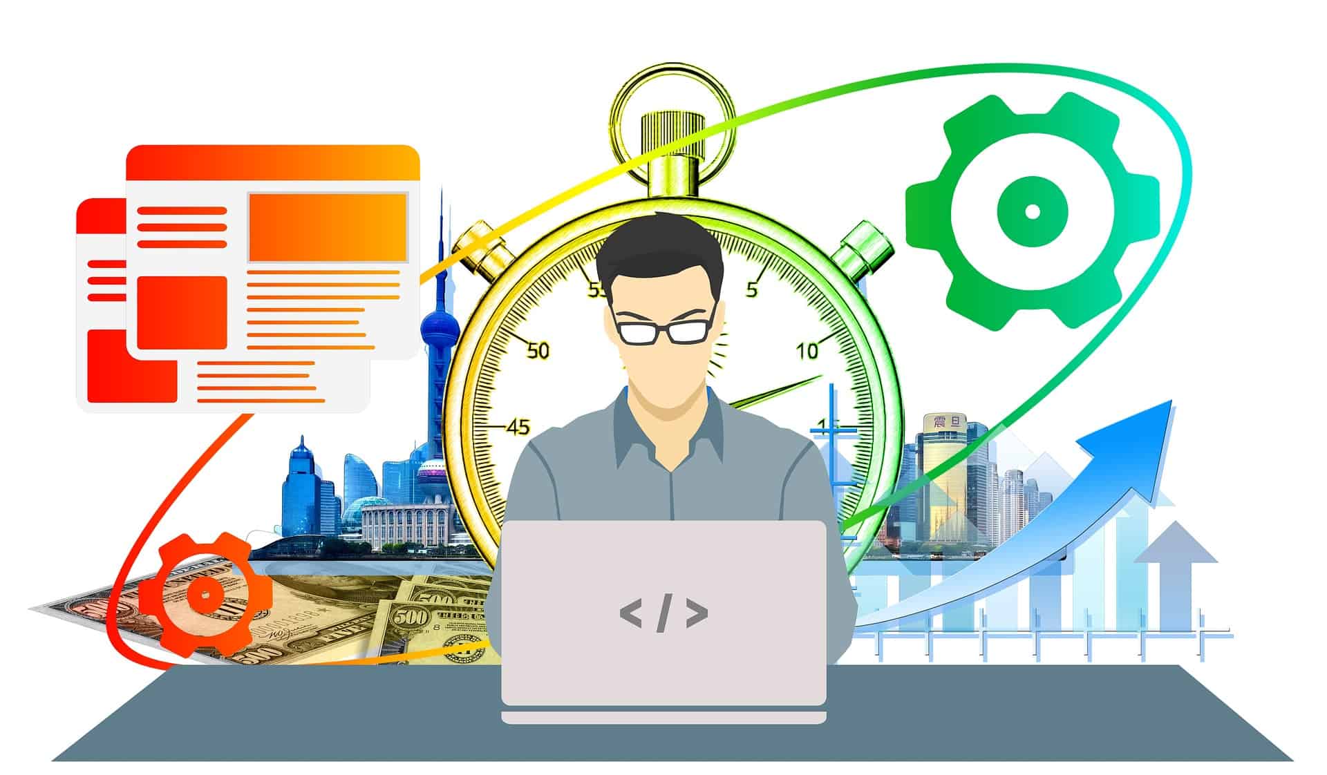 Man working on laptop with graphs and analytics behind him